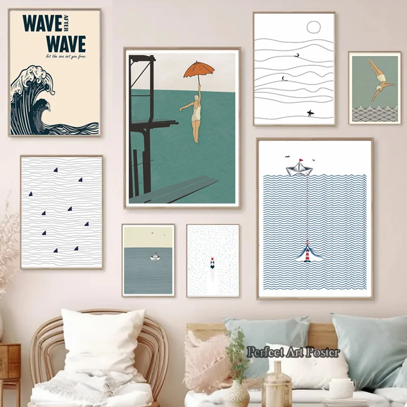 Vintage Sea Surfing Beach Poster Abstract Female Diver Piscina Canvas Painting Wall Art Picture For Room Home Decor