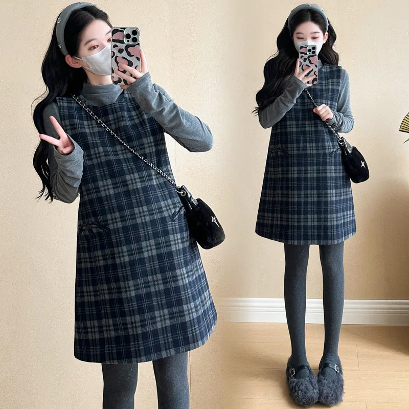 임부복 가을 한국 스타일 루즈 슬림 레트로 미니멀리스트 우아한 라운드 넥 체크 탱크 드레스와 언더셔츠 투피스 세트