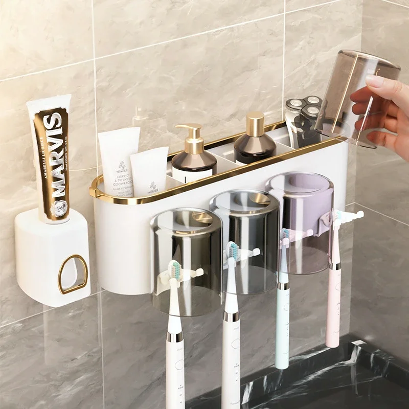 Toothbrush Holder Wall Mounted Toothpaste Squeezer Wall Mount Home Bathroom Cup Storage Rack Without Drilling Shaver Dispenser