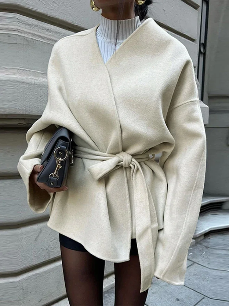 Fashion Solid Lace Up Fleece Coat  Belt For Women Elegant V-neck Long Sleeve Jacket 2024 Autumn Winter New Lady Street Outerwear 5