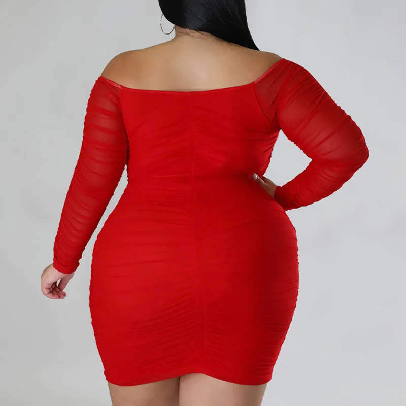 Autumn Winter Wrap One's Chest Solid Color V-Neck Pleated Net Yarn Patchwork Long Sleeve Evening Party Sexy Plus Size Dress Lady
