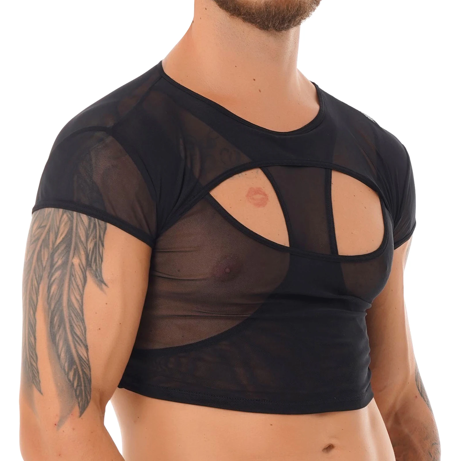 Mens See-through Mesh Sport Tops Short Sleeve Slim Fit Running Vests T-shirt Hollow Out Crop Top Man Club Raves Danc