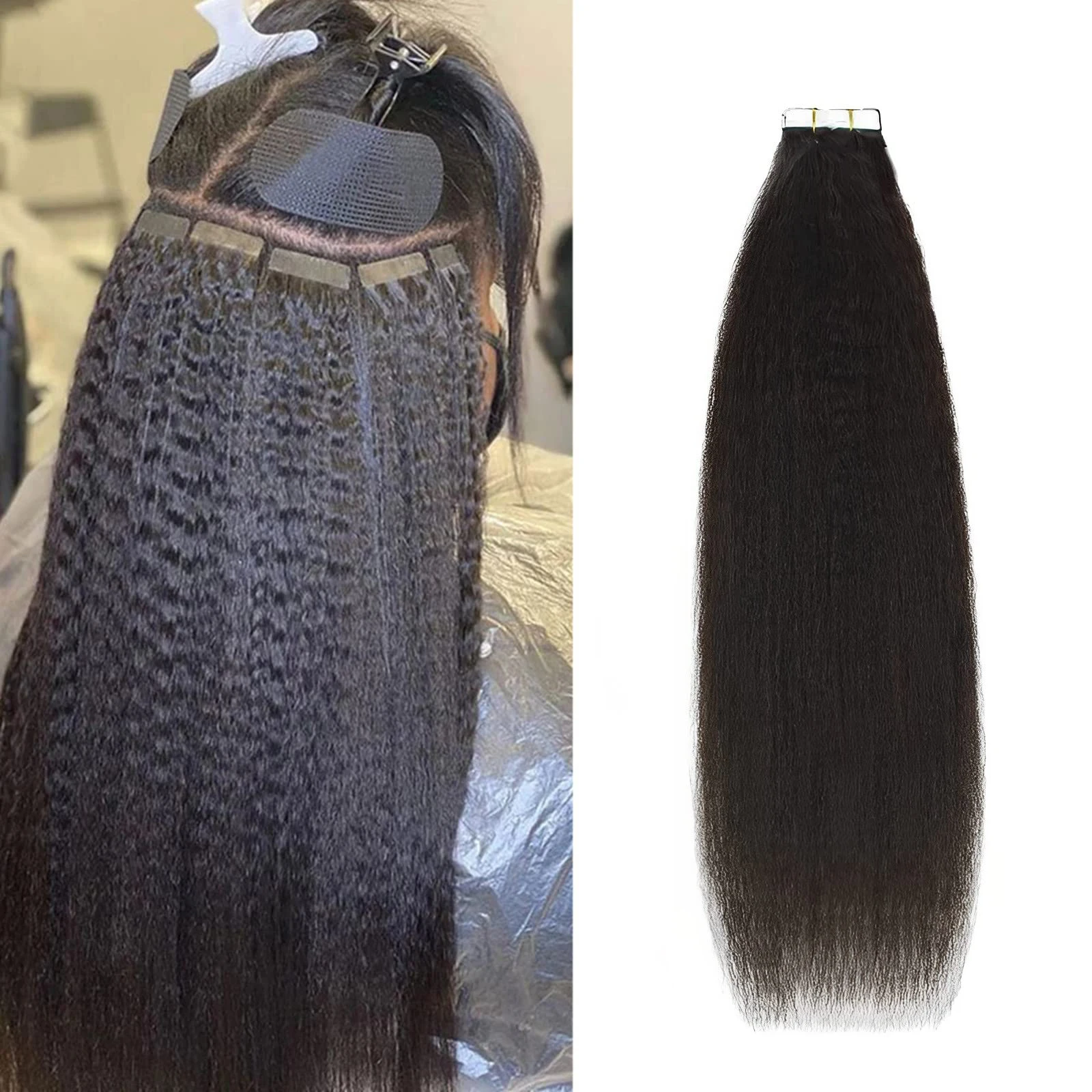 KinkyStraightTapeInHairExtensionsHumanHairNaturalBlack1BTape