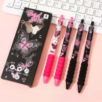 4Pcs Butterfly Rose Gel Pens Set, 0.5mm Fine Point Floral Print Ballpoint Pens for Office Daily Writing Journal Stationery Gift 3