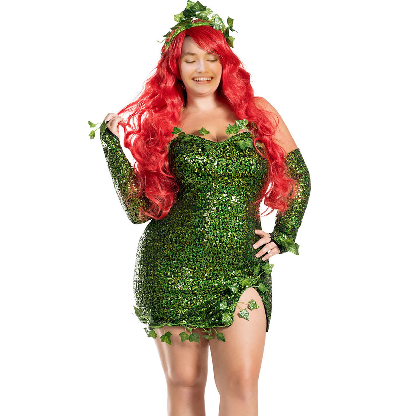 Women Green Poison Ivy Costume Christmas Day Sexy Poisonous Leaves Cosplay Dress Set