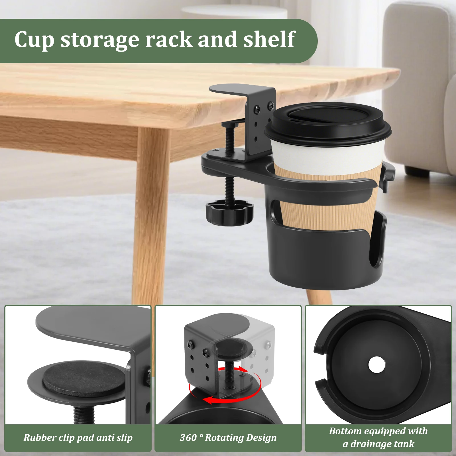Desk Cup Holder Clamp Universal Adjustable Height Clip On Coffee Cup Holder 360° Rotation Desk Coffee Bottle Rack for Office