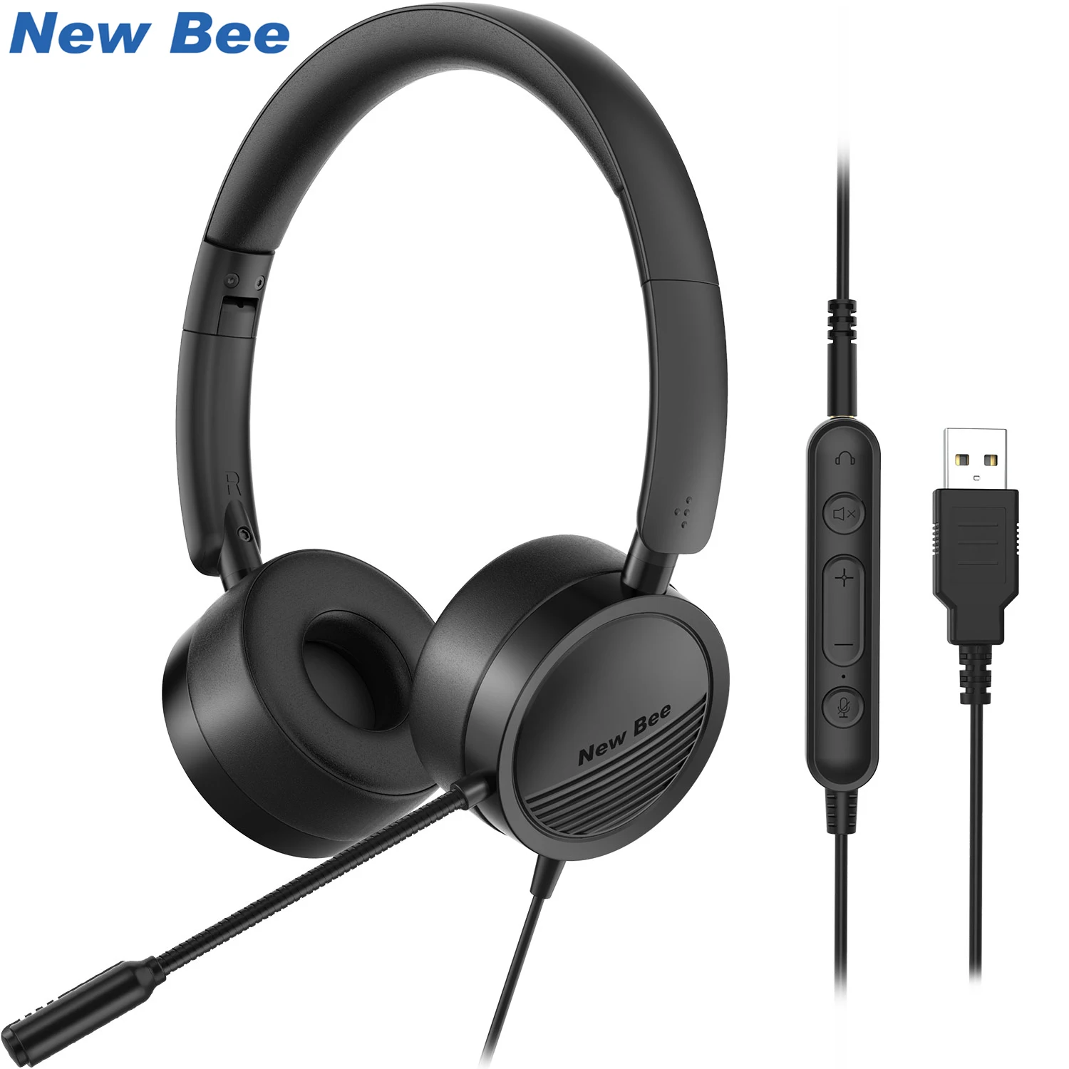 New Bee-auriculares USB H360 con micrófono para PC, cascos de negocios de  3,5mm con cancelación de ruido silenciosa para centro de llamadas