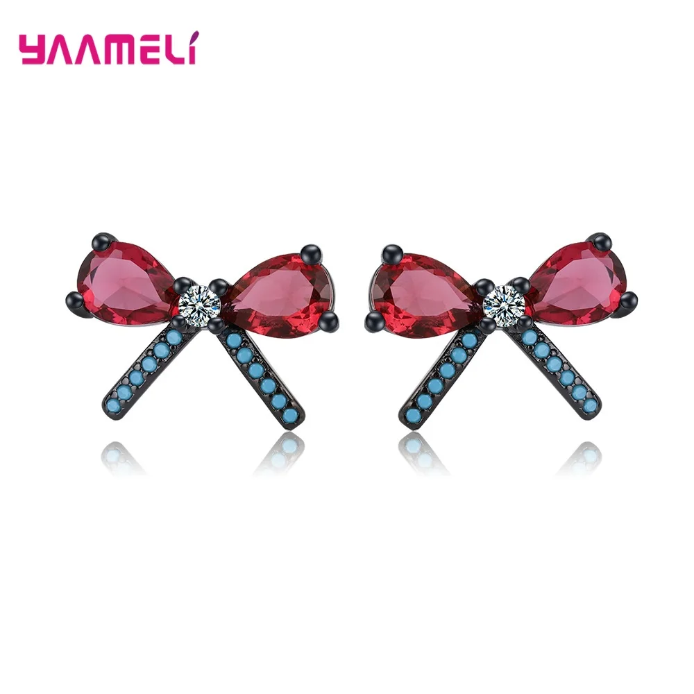 

925 Sterling Silver Cute Bowknot Rhinestone Statement Stud Earrings For Women Girls Fashion Jewelry Wholesale