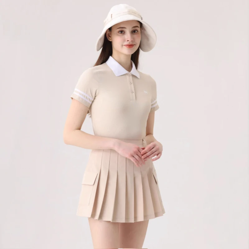 Azurway Korean Golf Wear Women Summer Short Sleeve T-Shirt Polo Shirt Tops Sports High-waist Pleats Skirt Ladies Golf Set