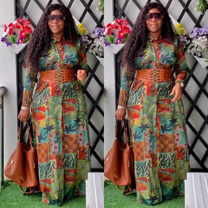 

African Dresses for Women Traditional Africa Long Sleeve V-neck Print Caftan Dress Muslim Fashion Abaya Dashiki African Clothing