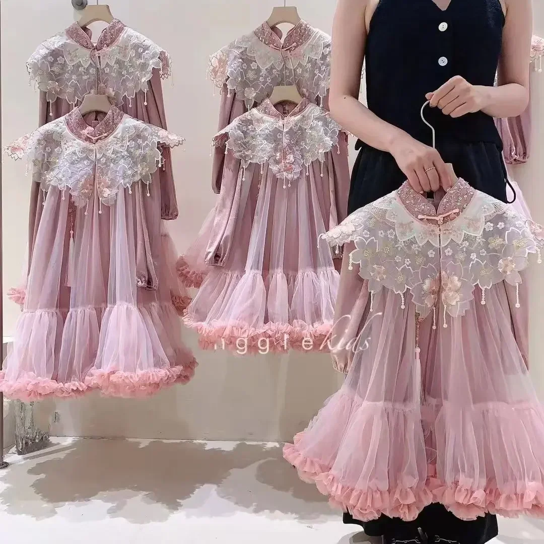 

Girls' Princess Dress 23 Autumn Children's Velvet Cloud Shoulder Dress Girl Baby Mesh Tutu Dress Qipao Dress