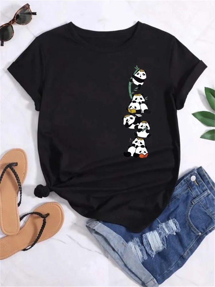 Adorable Panda Print Women's Casual Crew Neck T-Shirt