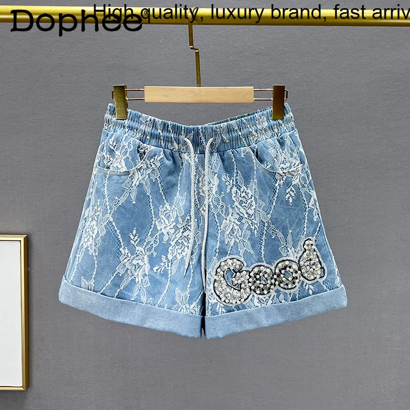 

Lace Chic Beaded Denim Women's Fashion High Waist Loose Slimming Diamond-Embedded Wide-Leg Jeans Shorts Female Hot Pants