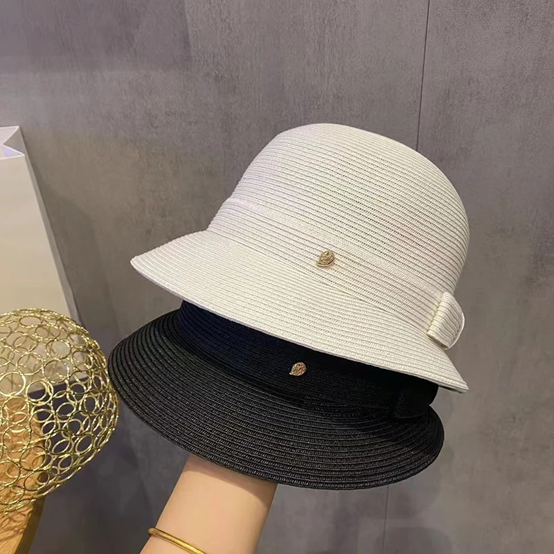 

2023 New Wide Brim Bucket Cap Bow Beach Hats For Women Large UV Protection Sun Hats Summer Big Brim Natural Straw Hats Wholesale