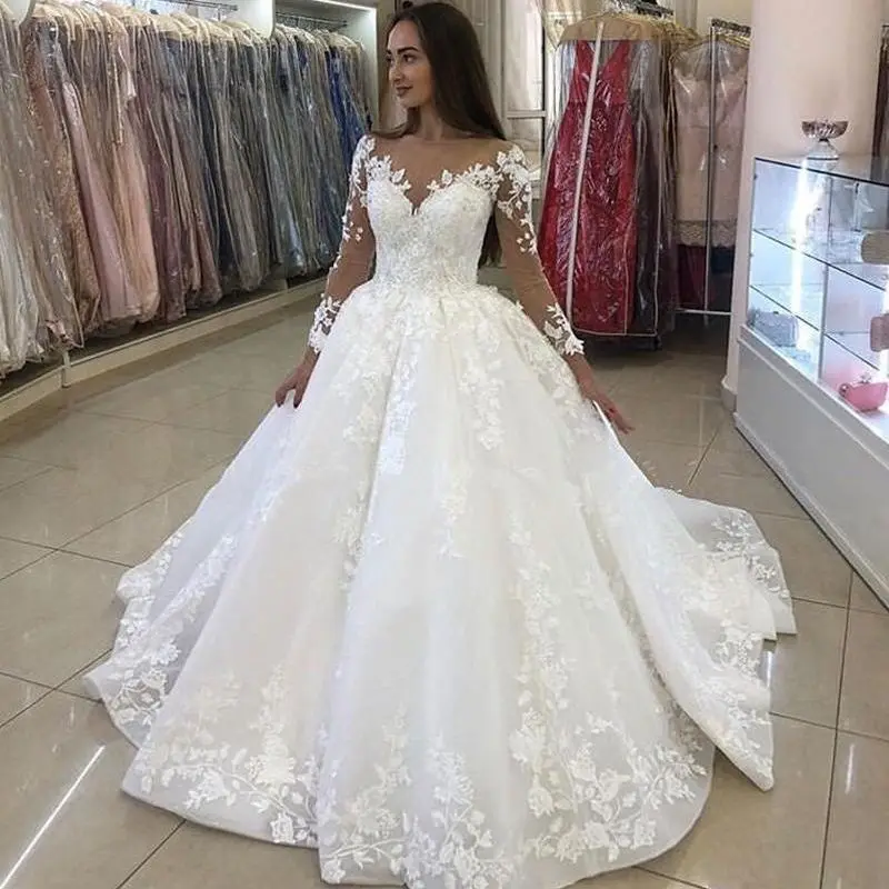 Elegant V-Neck Wedding Dress Appliques Princess Long Slleeves Lace Up Back Boho A-Line Bridal Gown Vestido De Novia