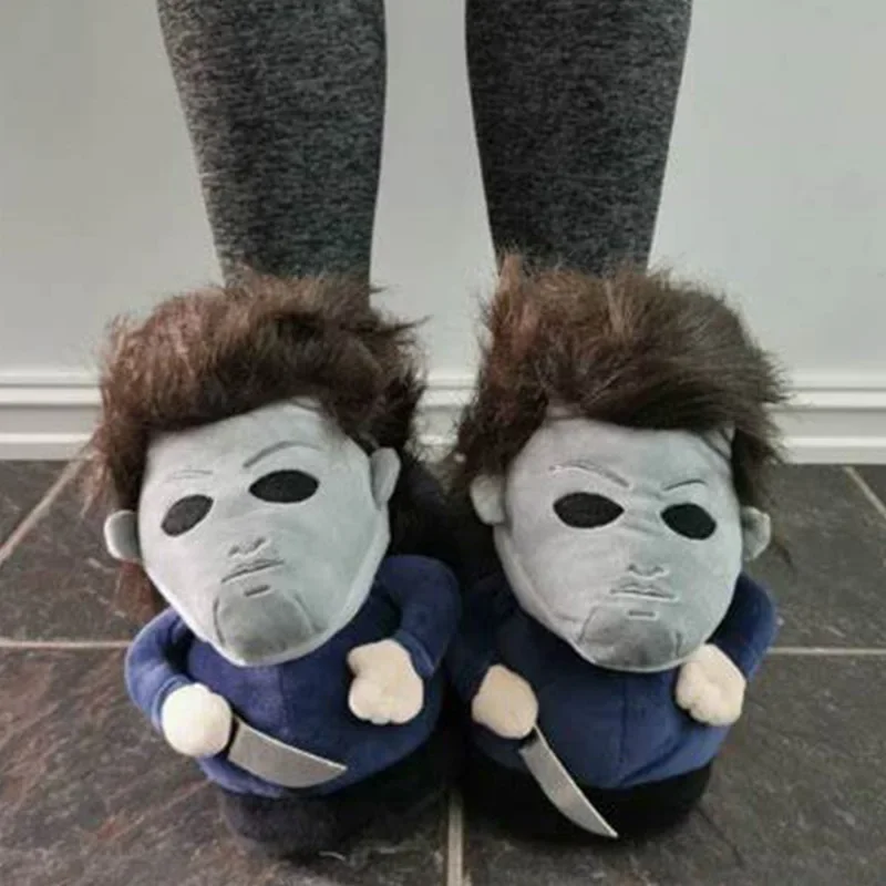 Rytanda Halloween Plush Slippers Michael Myers Winter Funny Soft Warm Non-Slip Shoes Women Men Indoor House Flat With Slipper 2