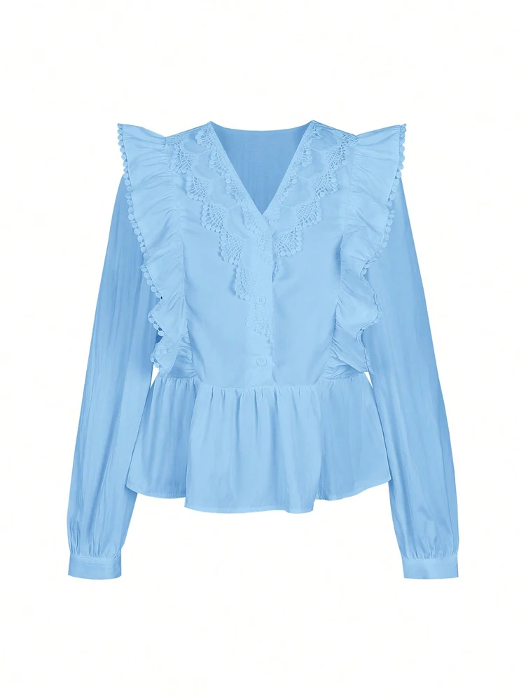 Übergröße 2026 Herbst Neuheiten Damen Casual Einfarbiges Spitzenbesetztes Rüschen-Langarm-Oberteil Modisch und Elegant – Detail 16