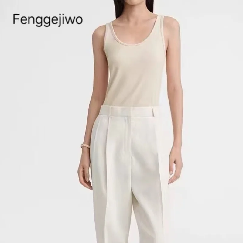 

Fenggejiwo Low Round Neck U-shaped Slim Strap Casual Tank Top Solid Color Pit Stripe Elastic Women's Inner Strap Bottom Classic