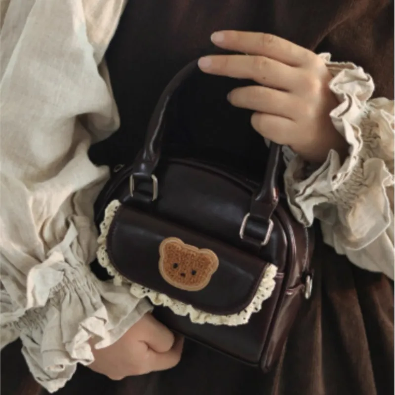 JIAERDI Harajuku Brown Messenger Bag Women Retro Bear Embroidery Handle Crossbody Bags Ladies Vintage Sweet Cute Hand Bag Chic