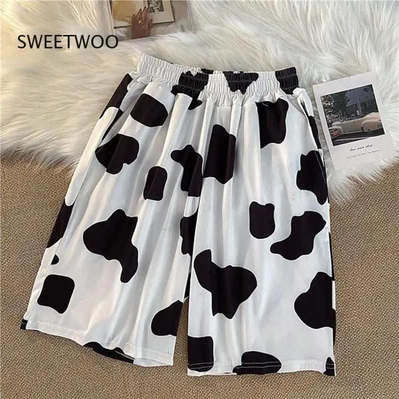 

New Cow Print Sport Shorts Casual Style Streetwear Joggers Women Harajuku Sweatpants Straight Elastic High Waist Wide Leg Shorts