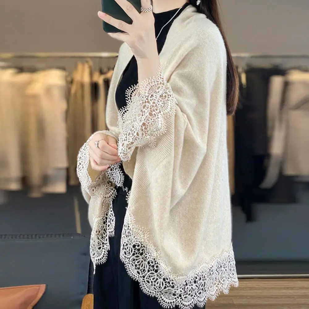 Luxurious Women's Wool Knitted Shawl with Lace Edge - Skin Friendly & Breathable Scarf
