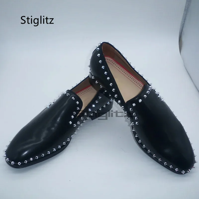 

Black Genuine Leather Men's Shoes Rivet Spiked Loafers Luxury Handmade Slip On Shoes Mens Dress Wedding Casual Business Shoes