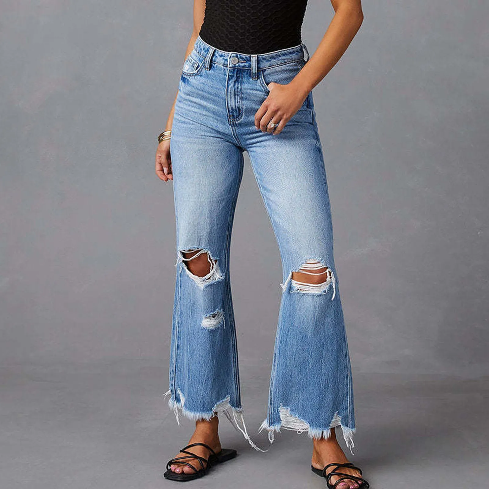 

Fringed Washed Ripped Long Jeans Womens Straight-Leg Casual Pants Wide Straight Leg Pants Casual Jogger Sports Cargo Trousers