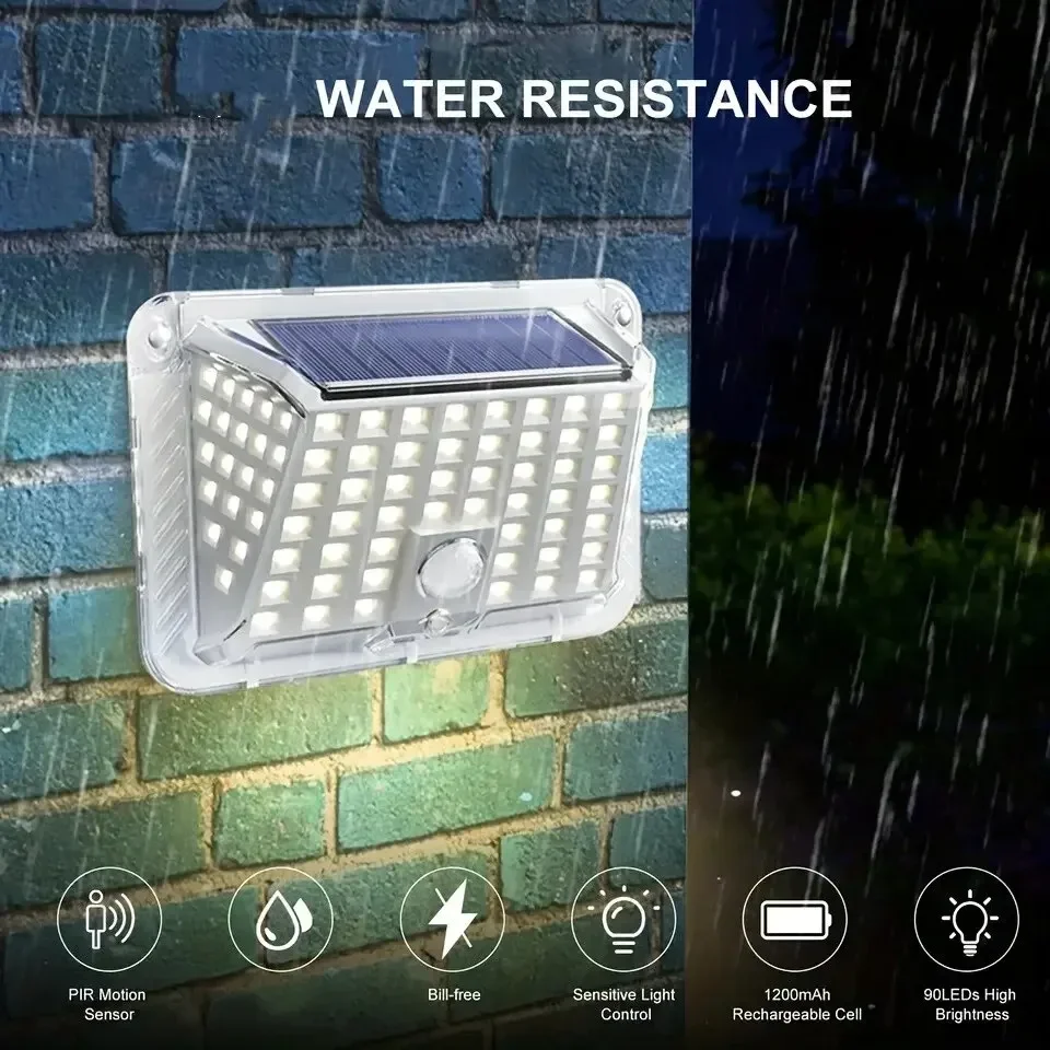 Super Bright 90 LED Solar Wall Lamp Outdoor 3 Modes Motion Lights Solar Fence Lights Security Lamps for Garden Yard Outside