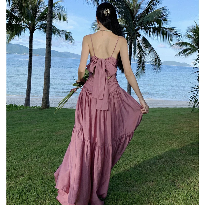 

Summer Bow Tie Party Midi Women Formal Dress Fairy Lady Boho Vintage Elegant Runway 2023 Vestido Long Korean Backless Clothing