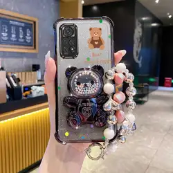 Pearl Glitter Bear Phone Holder Case with Strap - Redmi Note 9 Pro Max (Black)