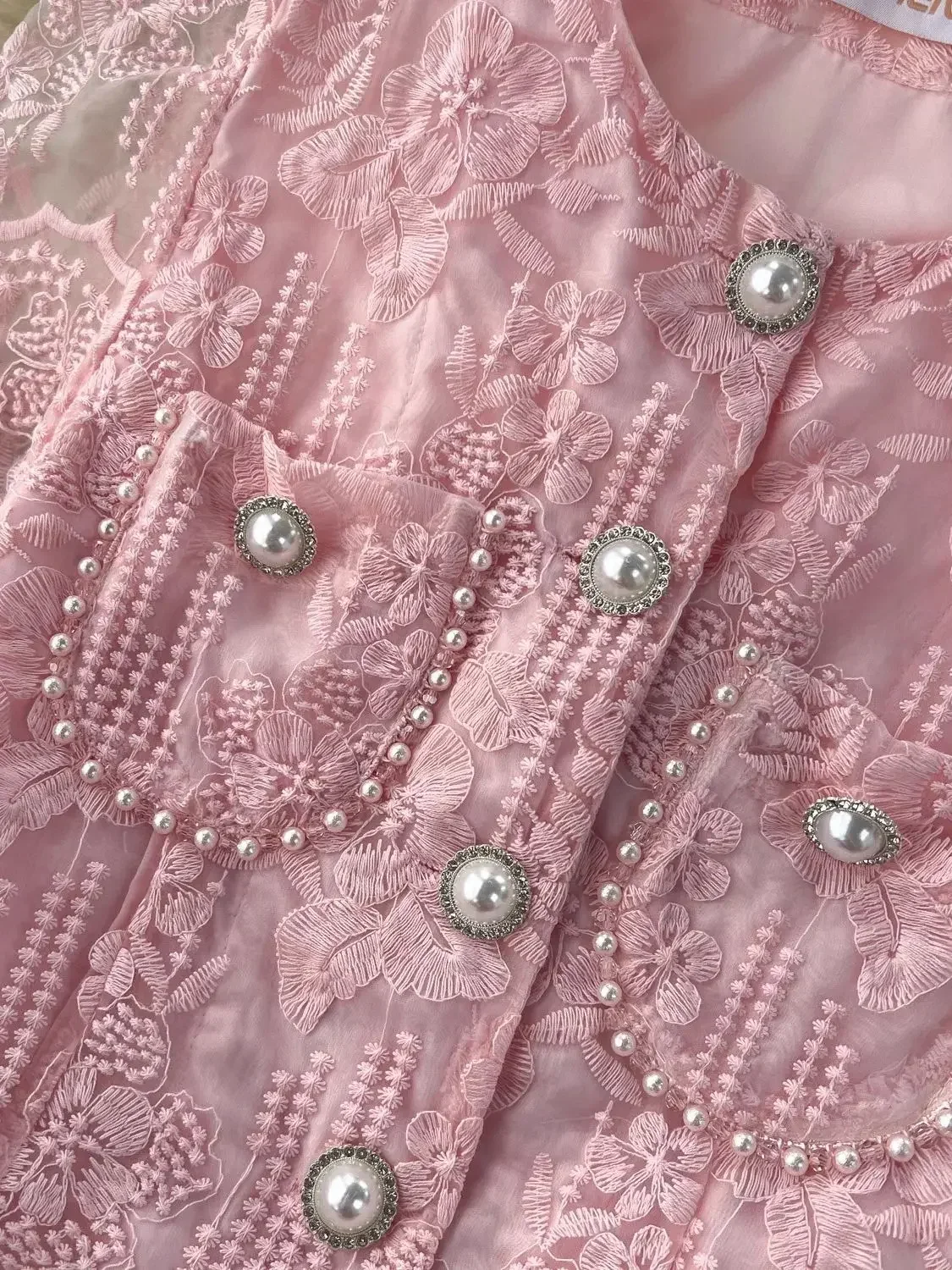 2024 Small Fragrant Embroidery Flower Two Piece Set Women Short Sleeve Pearls Buttons Pocket Lace Mesh Crop Top＋Midi Skirts Suit