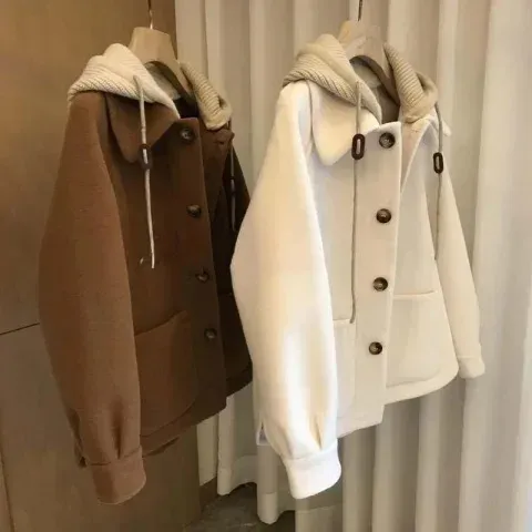 Plus Size Plus-Size Autumn Winter New High-End Knitted Sweater Jacket Women's Illusion Thickened Top Pu Hooded Two-Piece Set