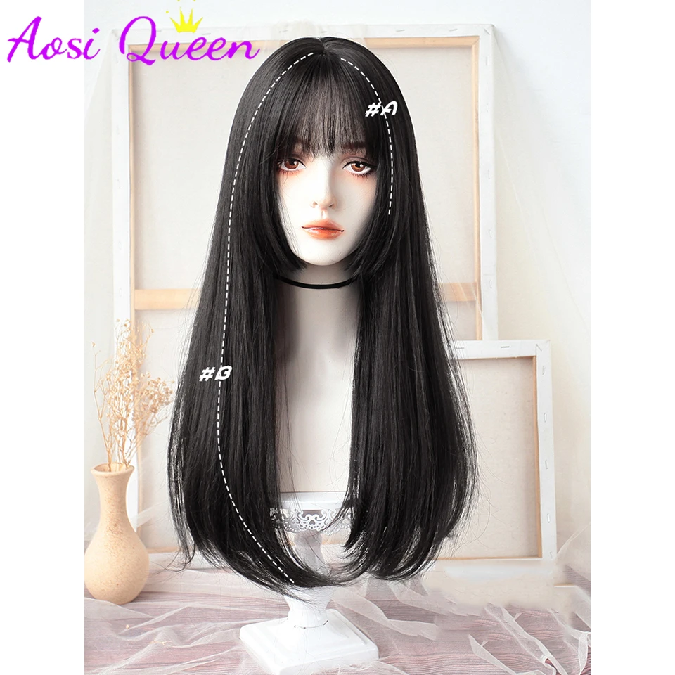 AOSI queen  Cosplay Wig With Bangs Synthetic Straight Hair 24 Inch Long Heat-Resistant Pink Wig For Women