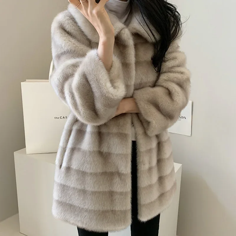 Autumn Winter Imitation Fur Coat Mink Women's Clothing Mid-length Waist Elegance Gradient Plush Jackets for Women Long Outerwaer