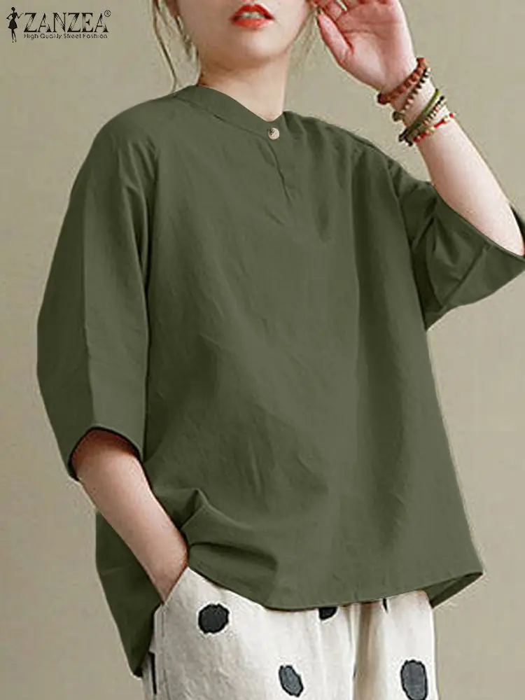 

Vintage 3/4 Sleeve Blouse Casual Loose Work Shirt ZANZEA Women Summer Oversize Solid Cotton Tops Female Party Blusas Chemise
