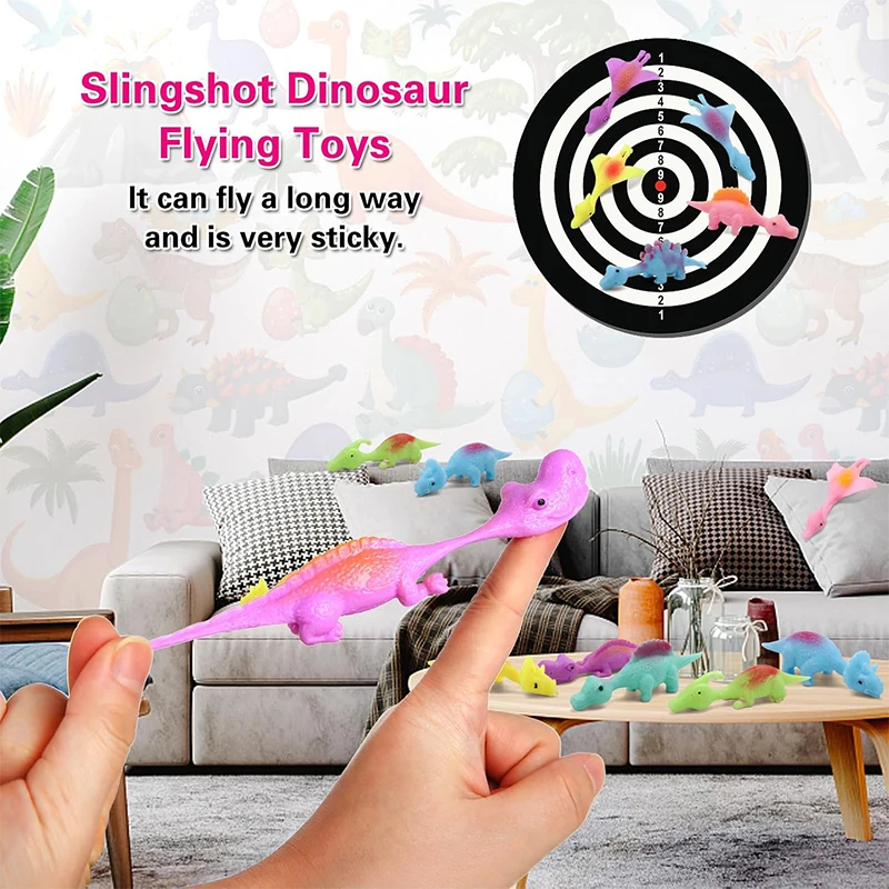20PCS Slingshot Dinosaur Finger Toys Mini Rubber Dino Finger Flying Launch Stretchy Toy Kids Party Birthday Favors Gifts