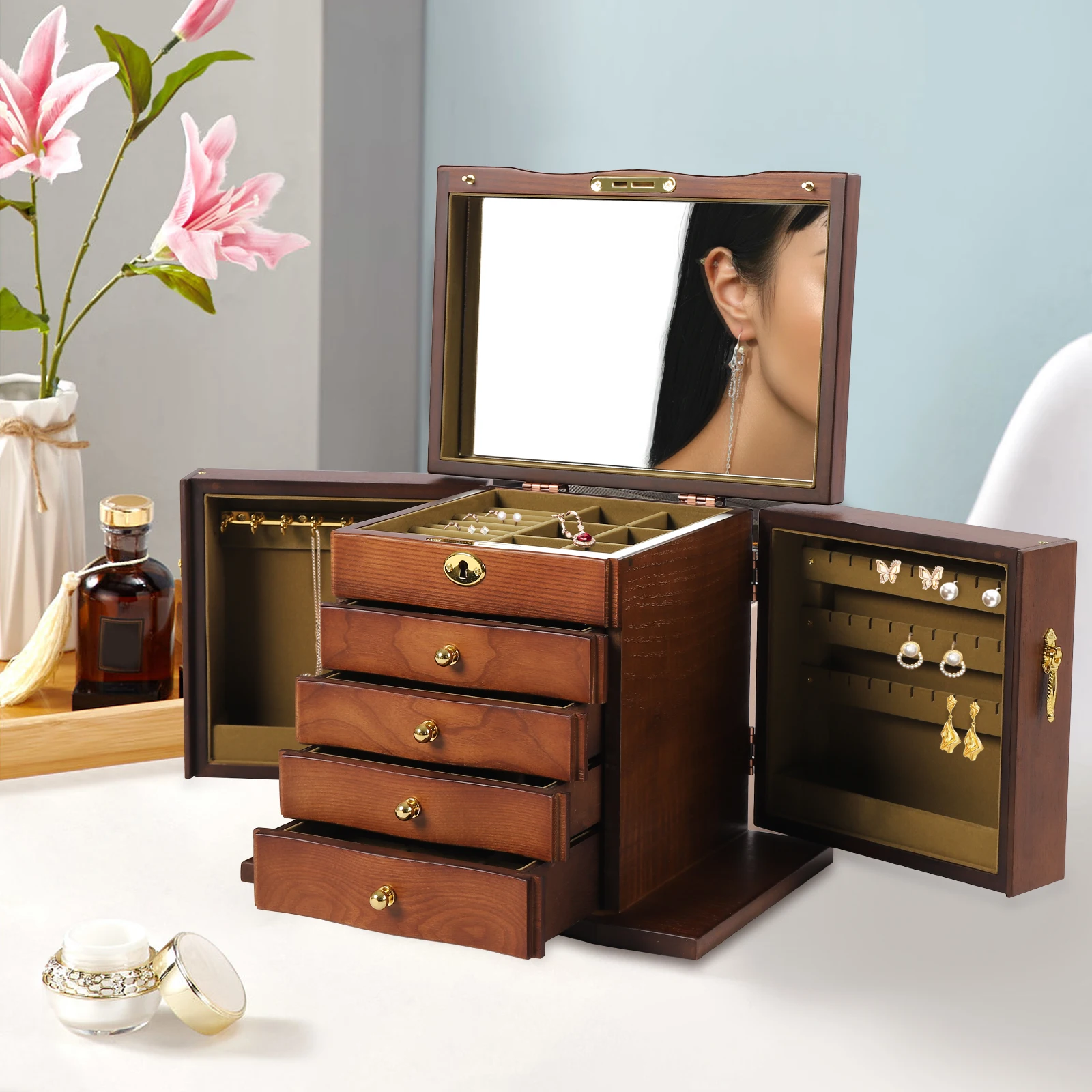 Boîte à bijoux avec miroir et tiroirs