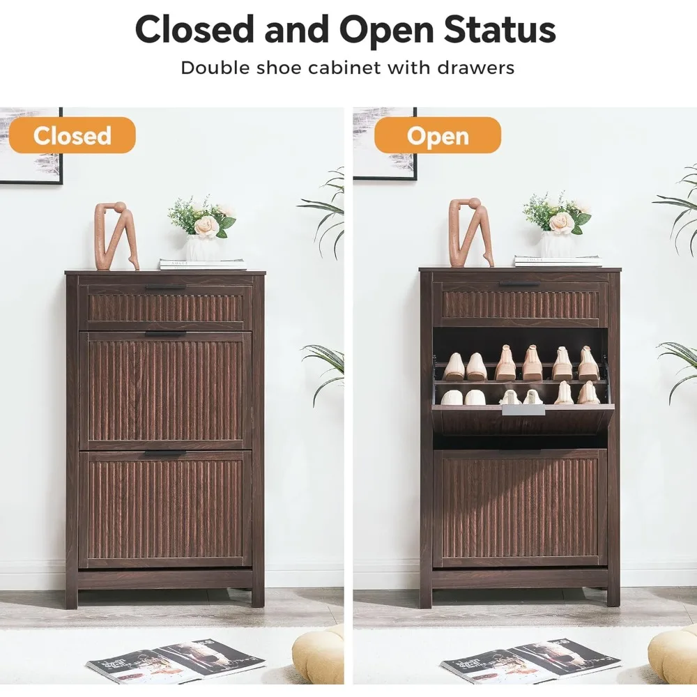 Narrow Flip-Drawer Shoe Cabinet, Wooden Entryway Storage Organizer with Adjustable Shelves