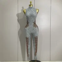 Luxury Sparkly Rhinestones Sleeveless Sheath Jumpsuit Women Celebrate Evening Birthday Party Nightclub Dance Sexy Stage Outfit