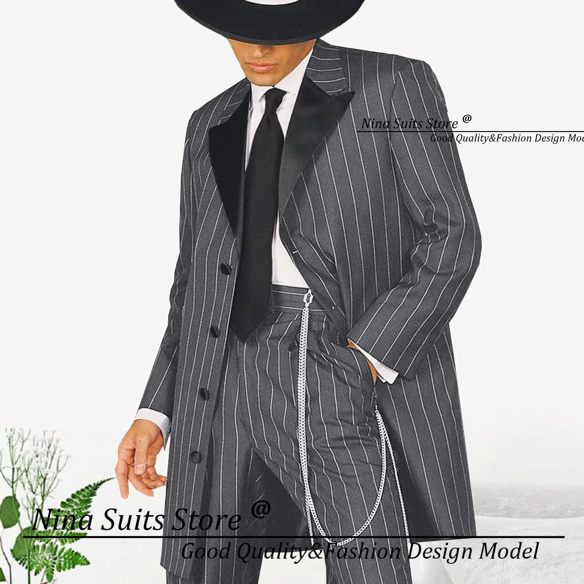 Nina Store Wide Distance Stripe Men Suits Long Blazer Casual Pants Navy White Pinstripe Peak Lapel Tuxedos for Business Party