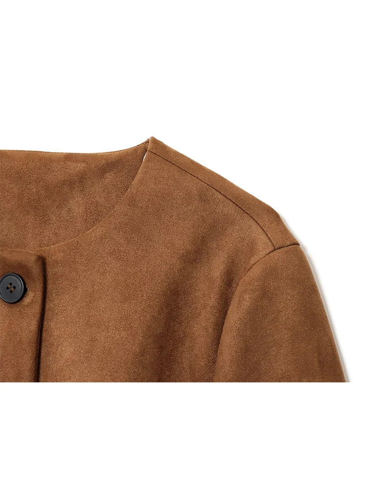 Women's Elegant Round Collar Jackets Autumn Winter Slim Fit Simple Style Commuter Short Coats Ladies Vintage Suede Jackets