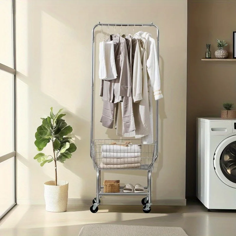 Yaheetech Wire Commercial Rolling Laundry Cart Laundry Basket with Garment Rack Laundry Butler with Basket Laundry Hampe 2