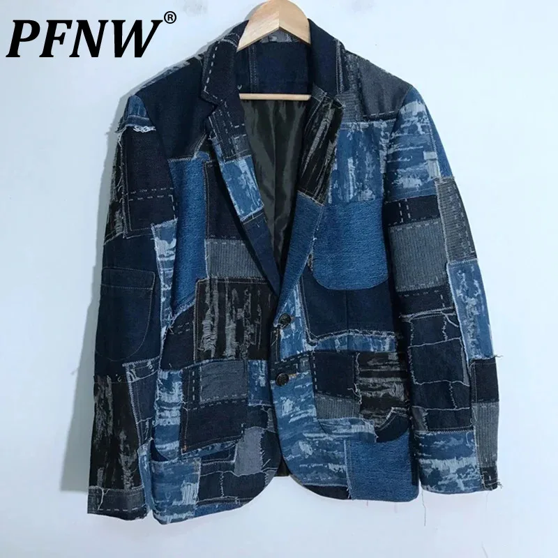 

PFNW Men's Hole Denim Patchwork Wearproof Blazers Tide Creativity Personality Worn Out Vintage Autumn Streetwear Jackets 21Z1387