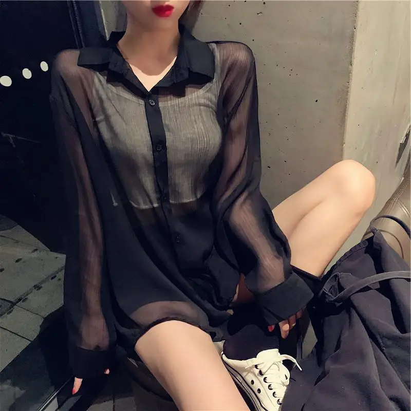 Summer New Women\'s Solid Color Polo-Neck Button Korean Version of Vacation Loose Long Sleeve Chiffon Sun Protection Shirt Tops