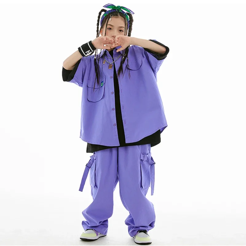 Loose Overalls Purple Coat Pants Street Dance Clothing Boys Girls Jazz Drum Show Stage Clothes Kids Hip Hop Dance Costume