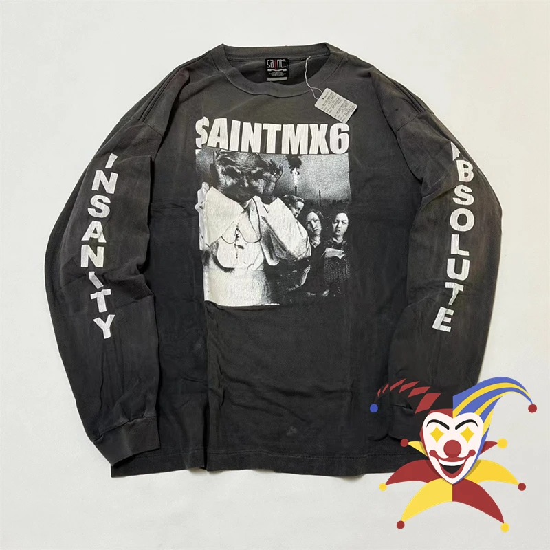 

Vintage 23ss LS Saint Michael Black T Shirt Men Women Long Sleeve Hole T-shirt Tops Tee
