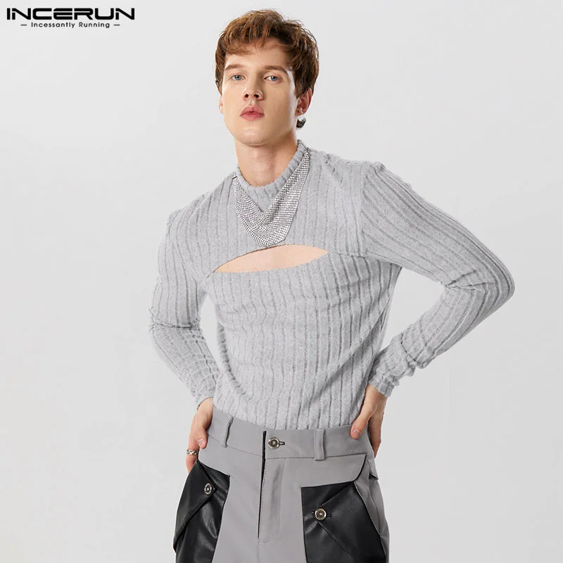 

INCERUN 2023 Sexy Style New Men's Jumpsuits Hollow Texture Knitted Bodysuits Vertical Stripe Triangle Long Sleeve Rompers S-5XL