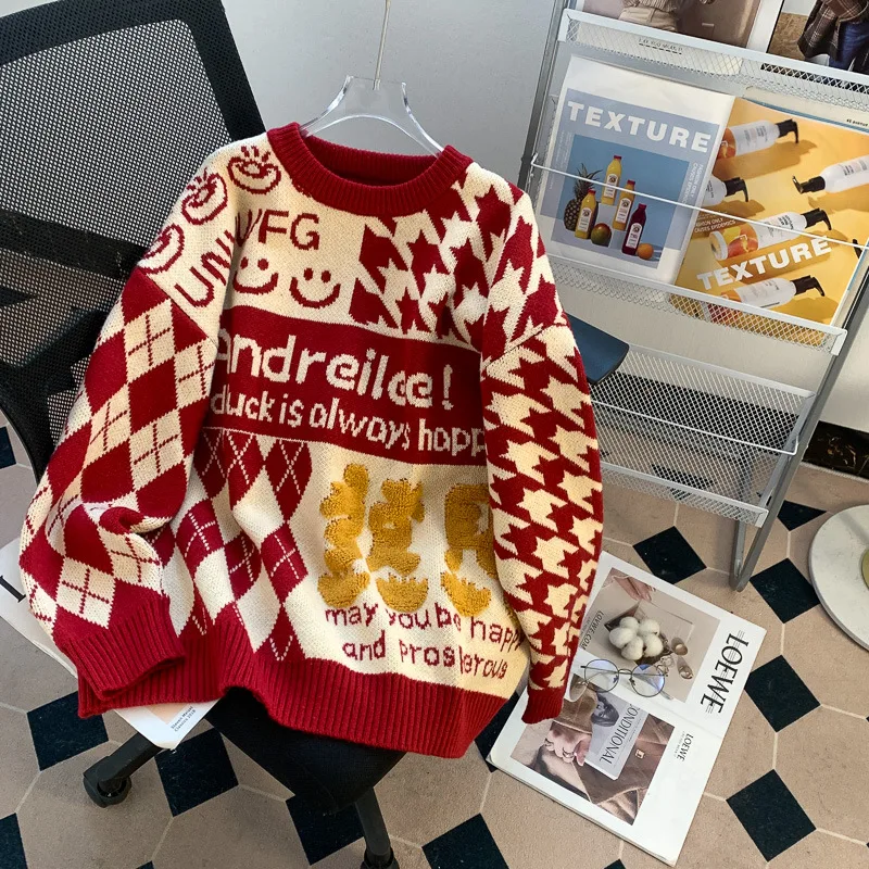 

Hsa новогодний красный новогодний свитер одежда зодиака для женщин осень и зима 2023 Новый Свободный вязаный свитер для ленивых