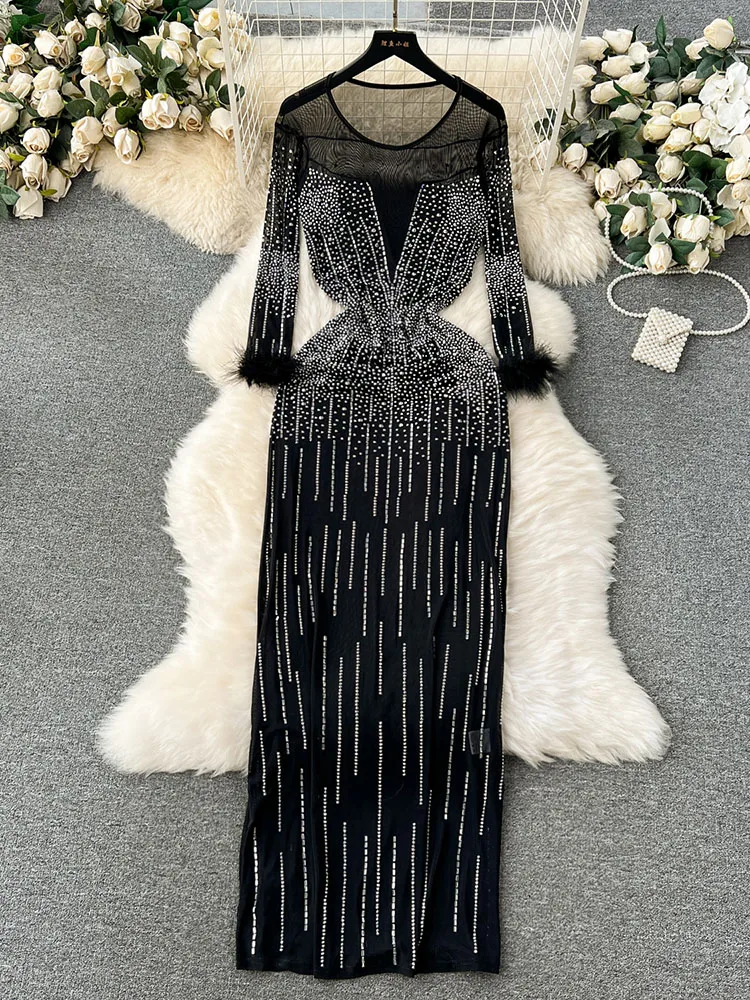 

Women Spring Vestidos Temperament New Light Luxury Design Feeling Hot Diamond Loop Long Sleeve Slim Fit Long Mesh Dress D5861