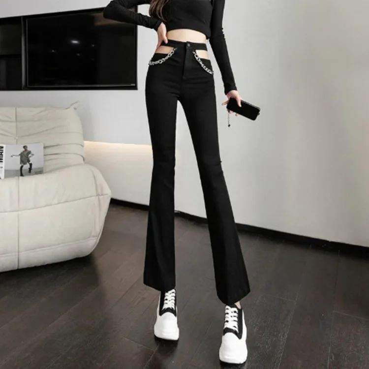 chain Cotton Jean Women Hollow Out Fashion Jeans Woman High Waist Pants Straight Leg Black Denim Clothing Streetwear levis jeans